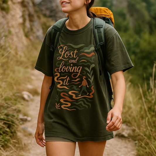 Person wearing a t-shirt with 'Lost and Loving It' design in a forest setting