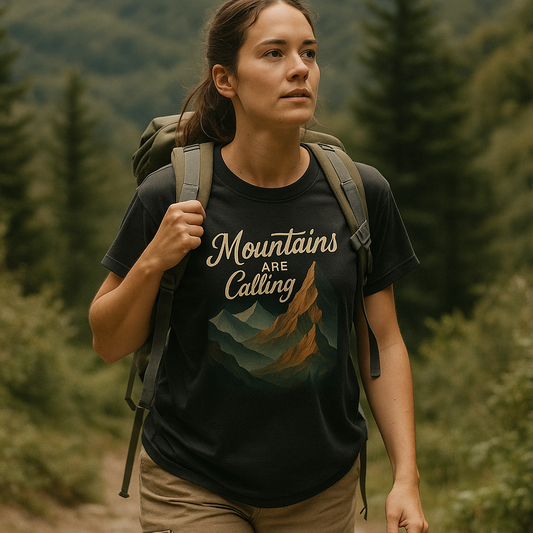 Person wearing a t-shirt with 'Mountains Are Calling' text in a forest setting